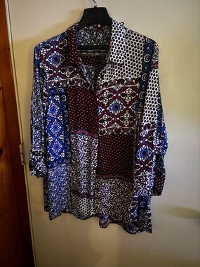 Valerie Stevens Women's Mixed Print Button-Up Shirt - Blue & Burgundy